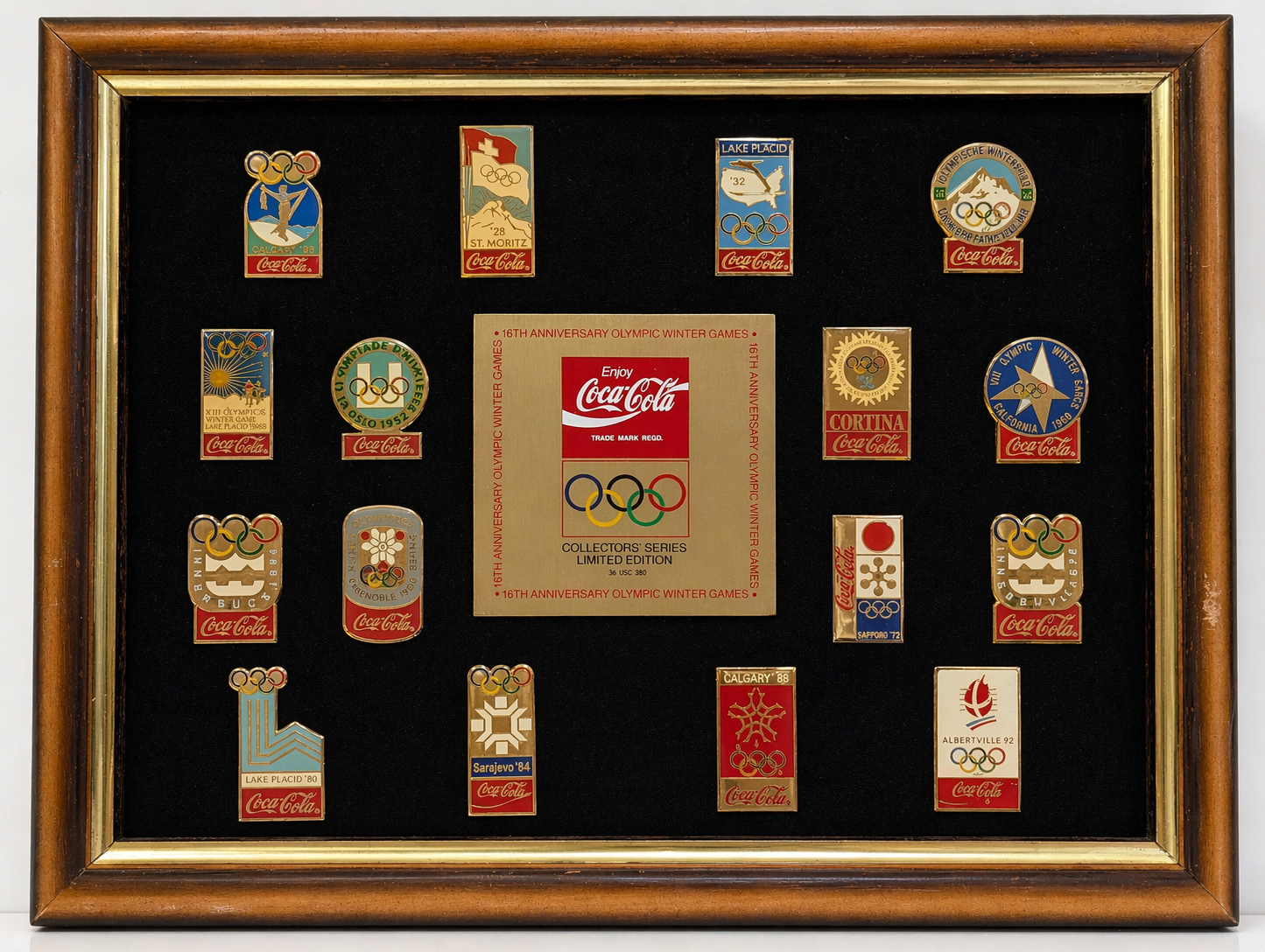 Vintage Coca Cola Olympic Winter Games 16th Anniversary Pin Set Framed Display