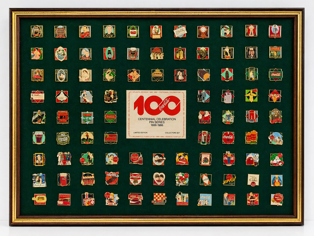 Vintage Coca Cola 100 Centennial 1886-1986 Pin Collection Framed Display Set
