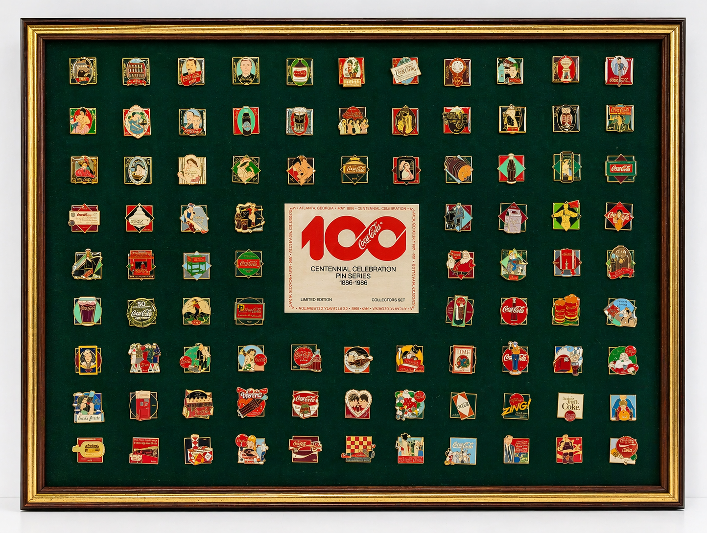 Vintage Coca Cola 100 Centennial 1886-1986 Pin Collection Framed Display Set