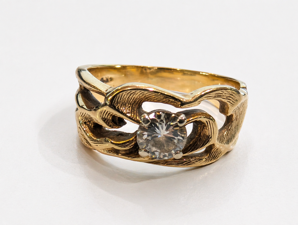 14K Yellow Gold Openwork Ring Clear Round Stone Statement Band 5.1g