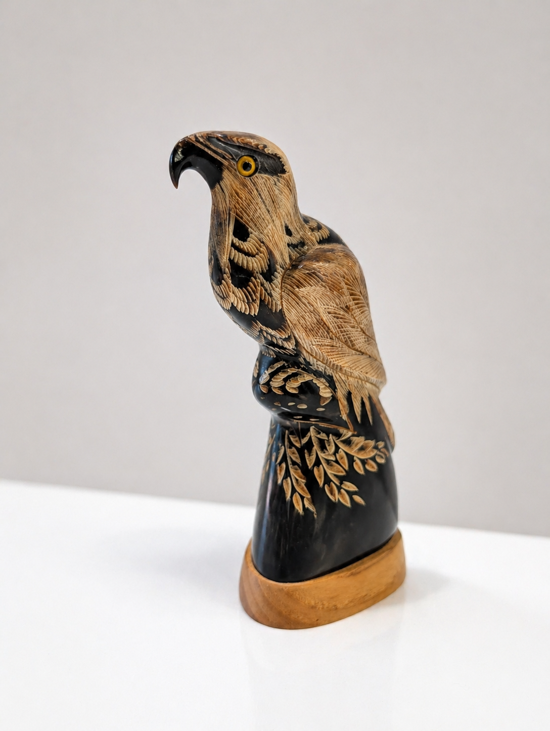 Vintage Hand Carved Buffalo Horn Eagle Figurine Etched Bird Statue Decor