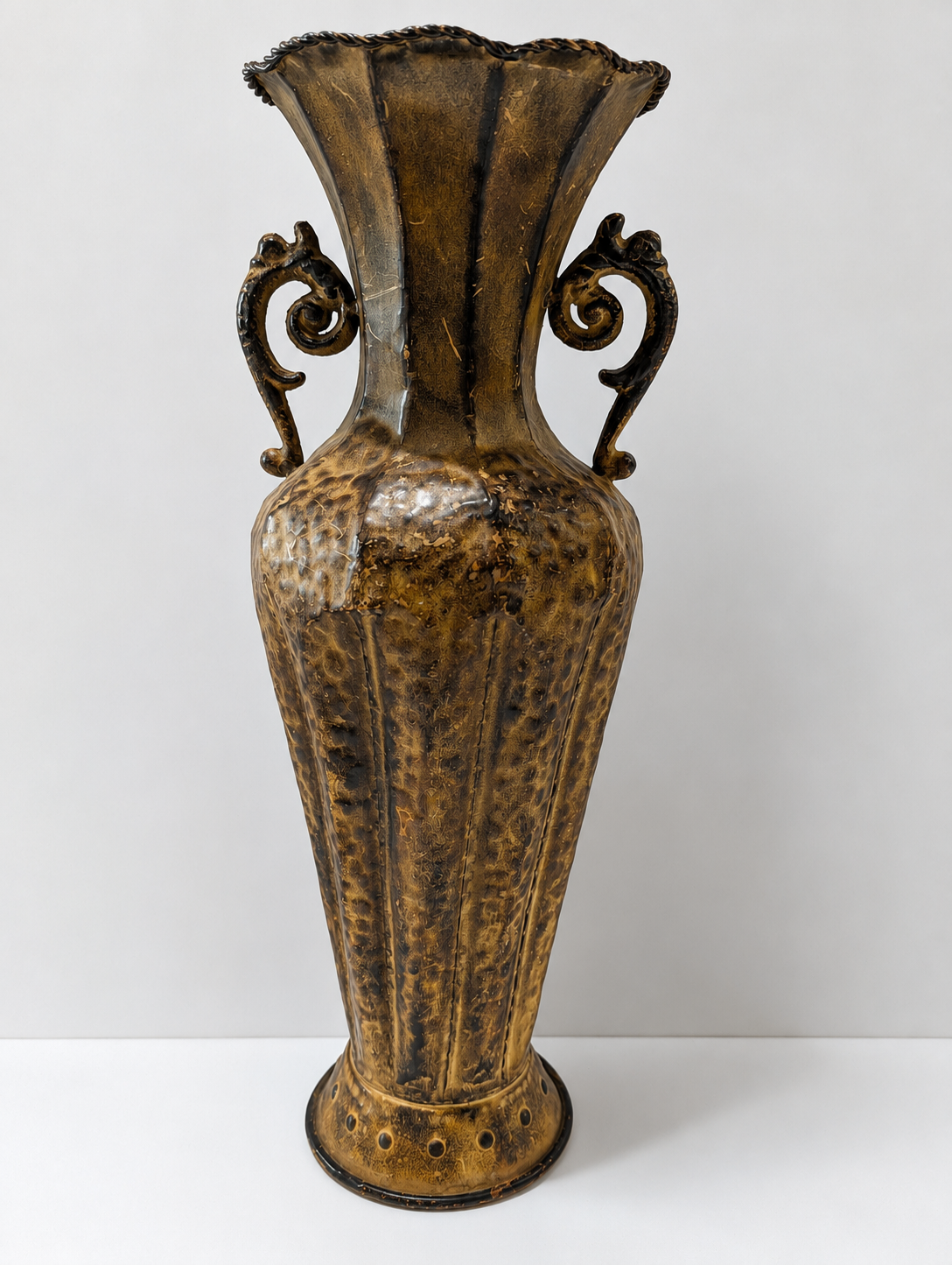 Vintage Large Art Pottery Floor Vase Brown Drip Glaze Double Scroll Handle Decor
