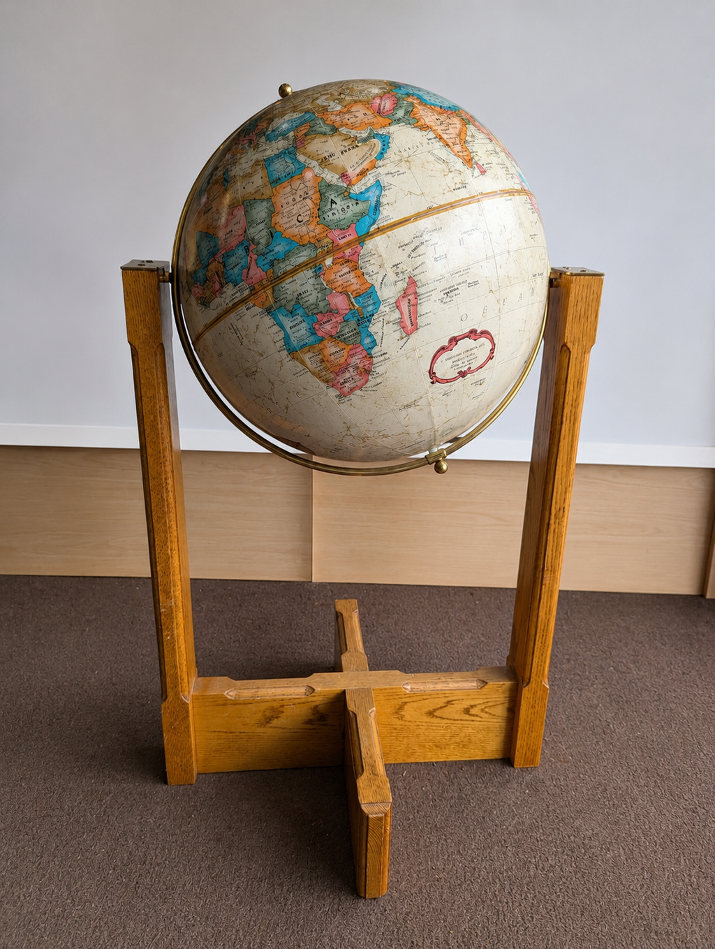 Vintage Replogle World Classic Floor Globe Oak Wood Stand Brass Meridian Vintage