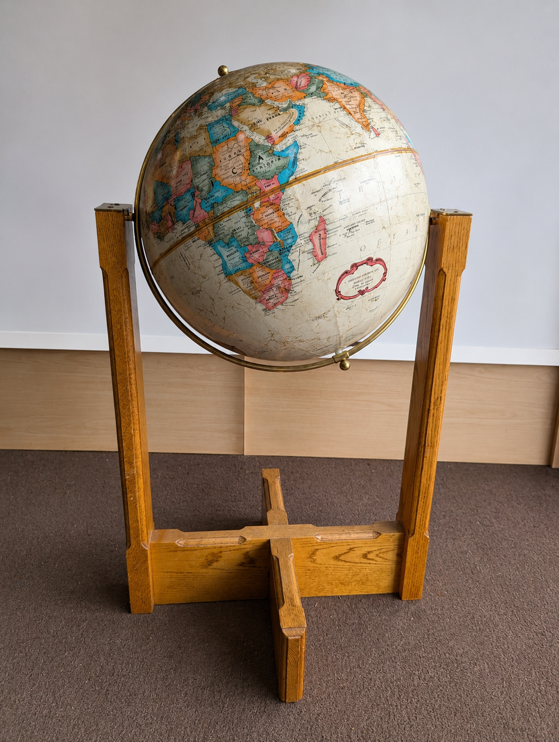 Vintage Replogle World Classic Floor Globe Oak Wood Stand Brass Meridian Vintage
