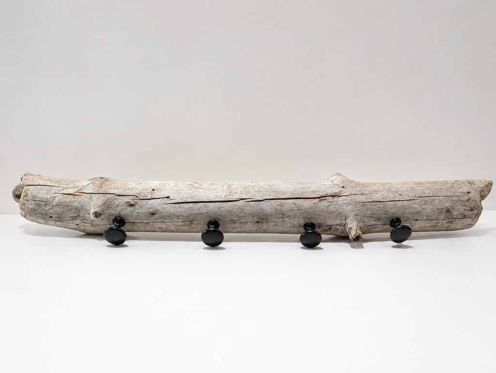 Rustic Driftwood Wall Coat Rack With 4 Black Hooks Handmade Natural Wood Decor