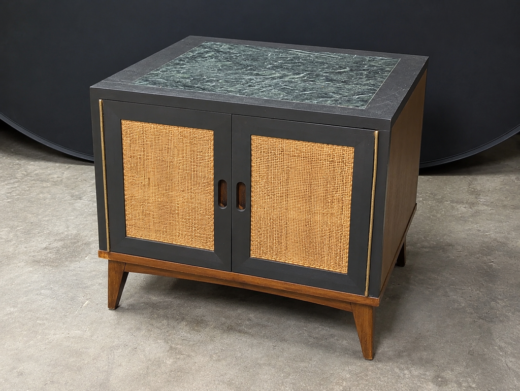 Vintage Mid Century Modern Cane Door Accent Storage Cabinet Side Table Black Wood