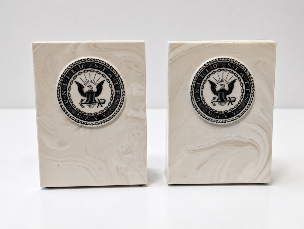 United States Navy Marbleized Bookends Pair Military Nautical Desk Decor Display