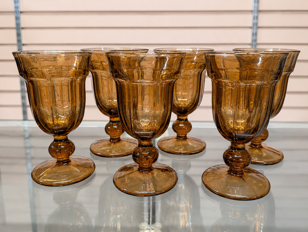 Amber Brown Pressed Glass Goblets Water Wine Juice Stemware