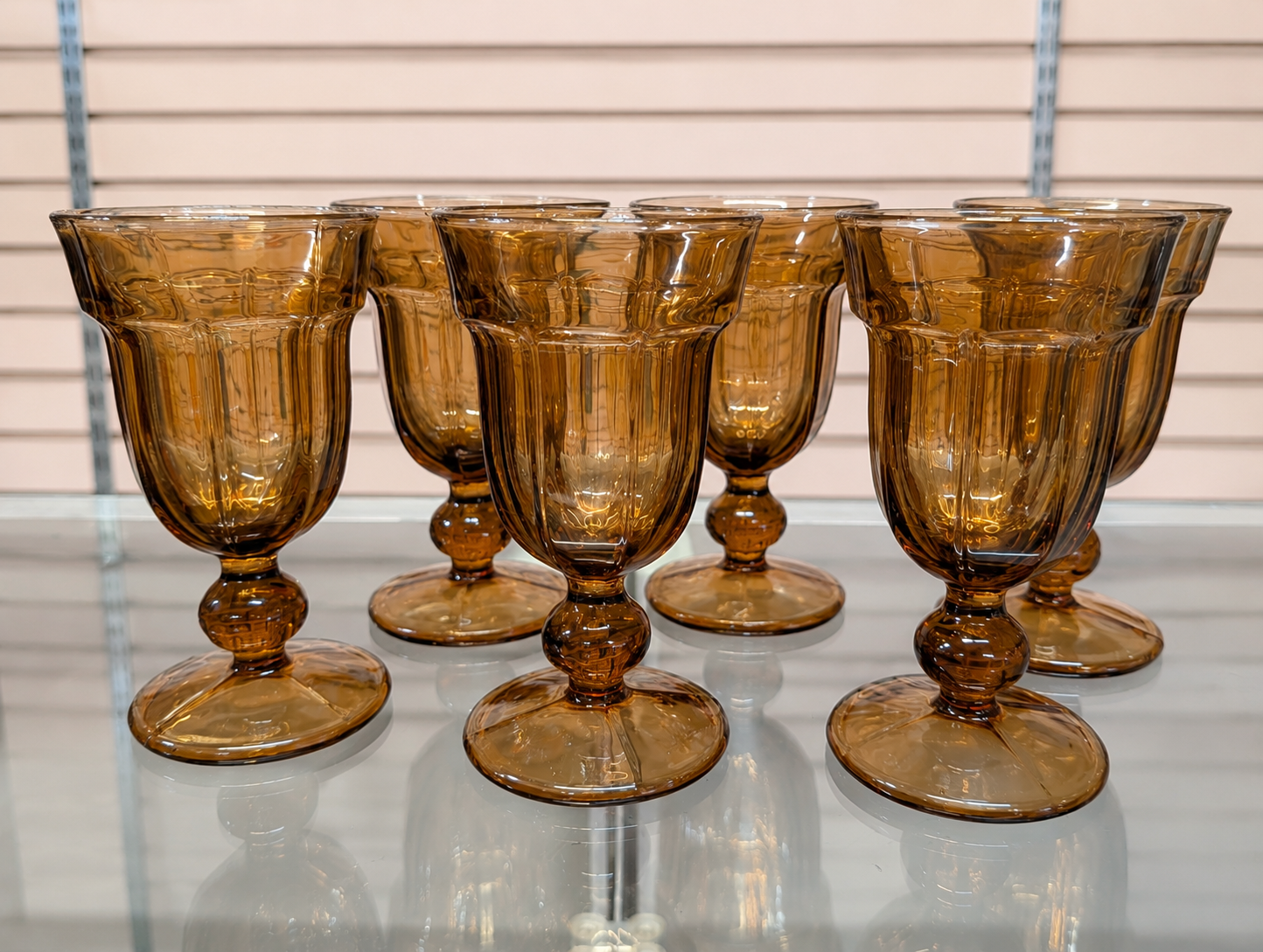 Amber Brown Pressed Glass Goblets Water Wine Juice Stemware