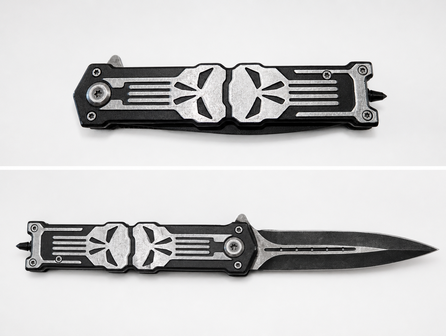 Tactical OTF Style Dual Tone Black Silver Automatic Folding Pocket Knife Glass Breaker