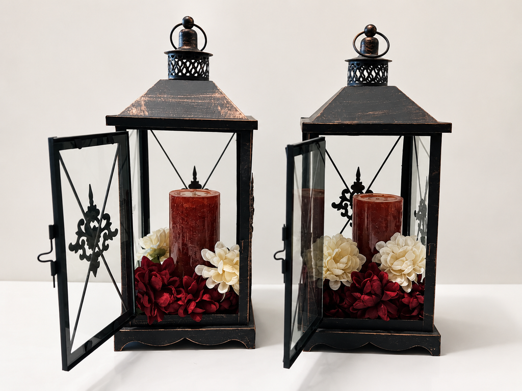 Set Of 2 Rustic Metal Glass Decorative Candle Lanterns Floral Centerpiece Decor
