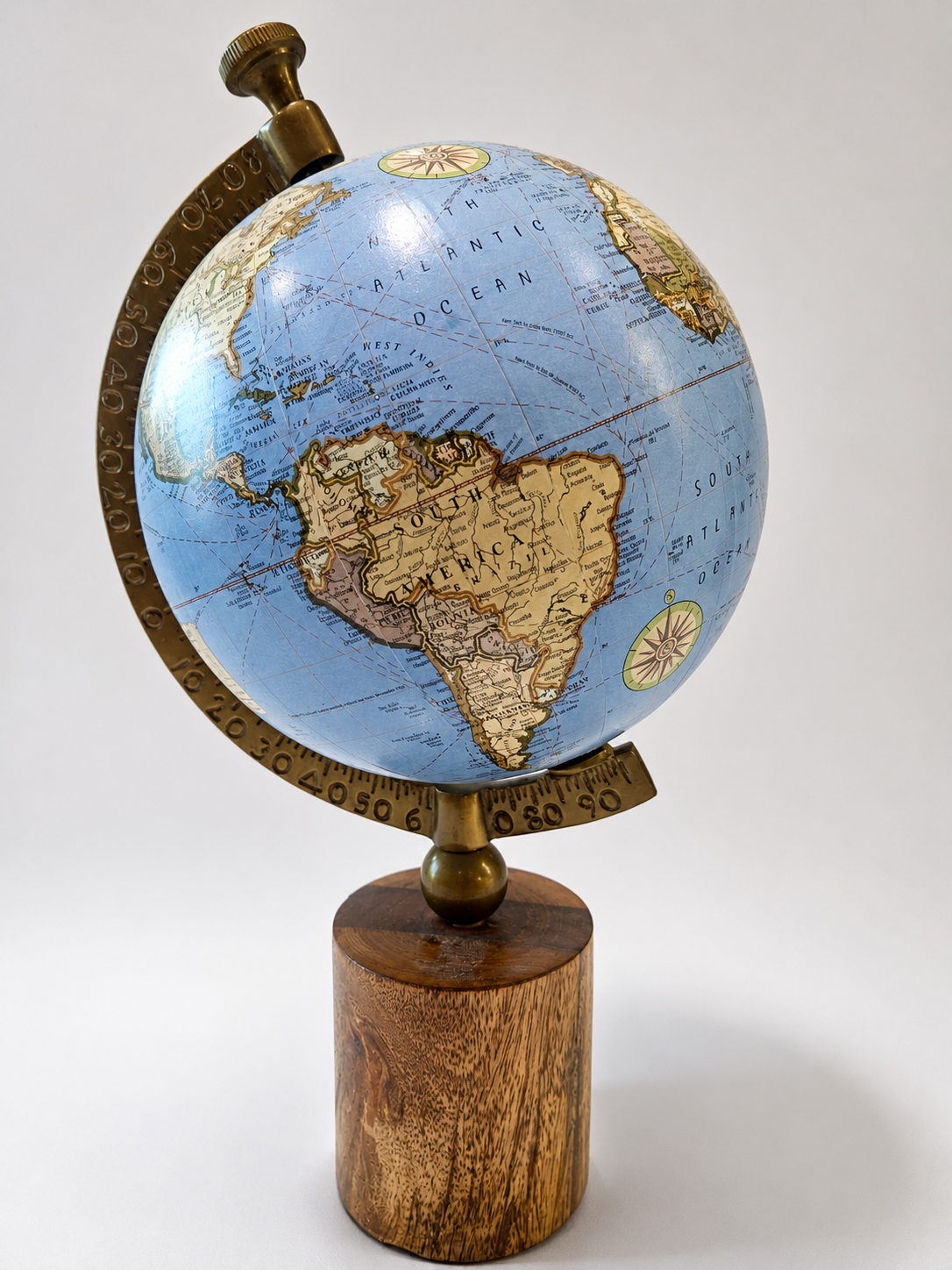 Vintage Style Desktop World Globe With Wood Base Brass Tone Meridian Office Decor