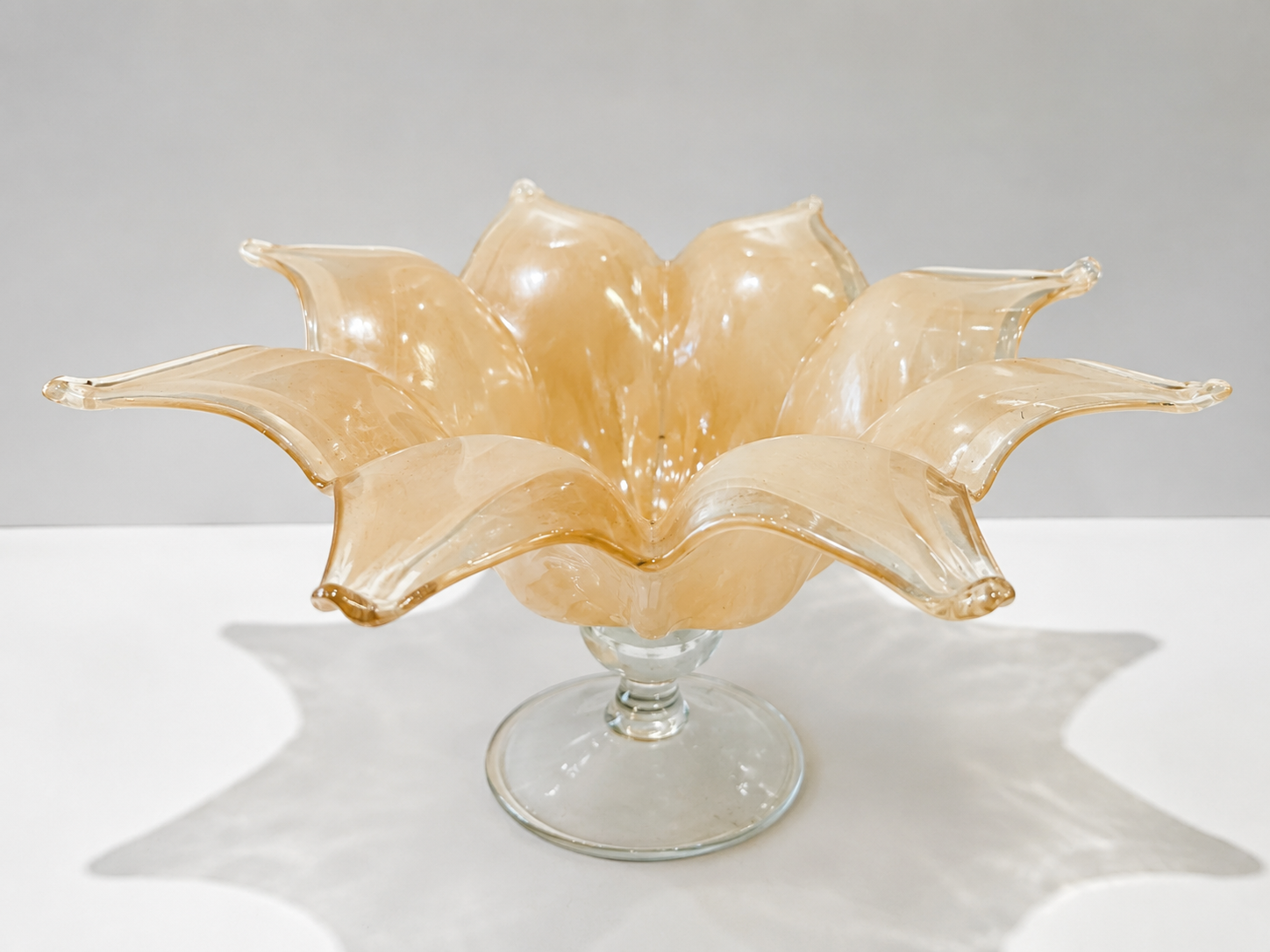 Vintage Iridescent Peach Art Glass Pedestal Flower Bowl Centerpiece Compote Decor