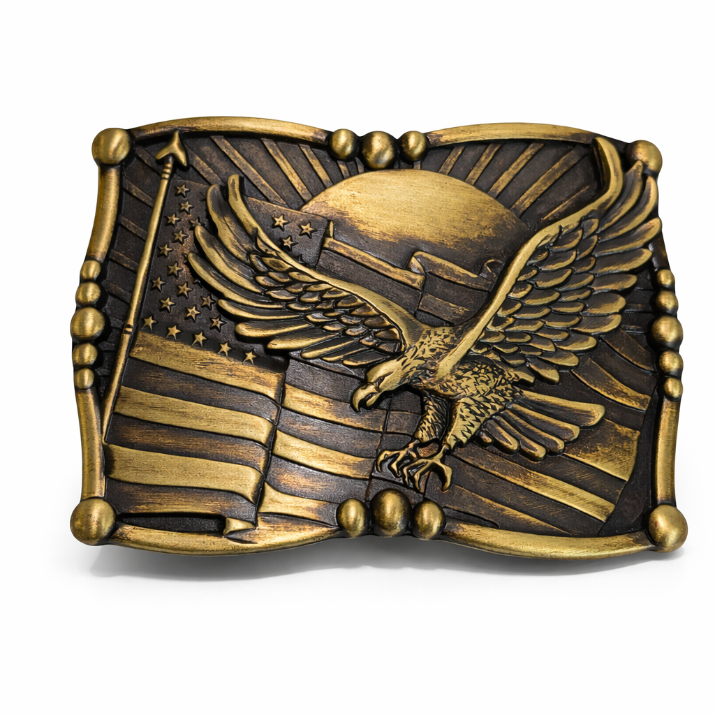 Vintage American Eagle USA Flag Brass Tone Patriotic Western Belt Buckle
