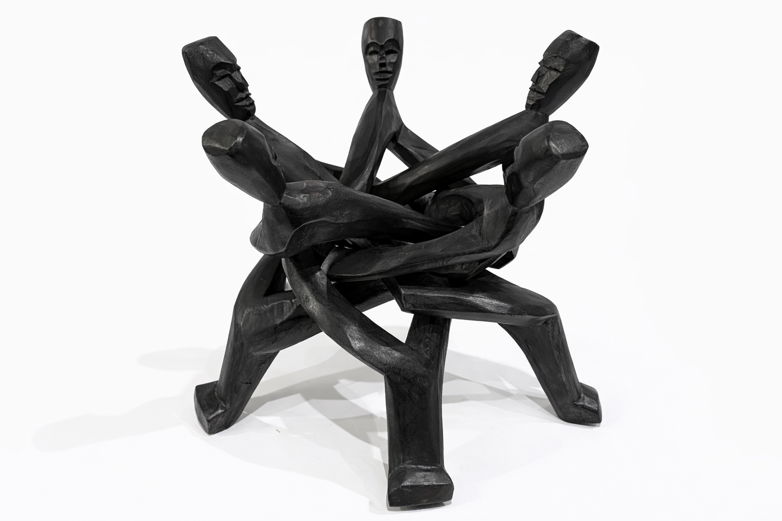 Hand Carved Ghana African Wooden Unity Sculpture 5 Figure Circle Decor Art