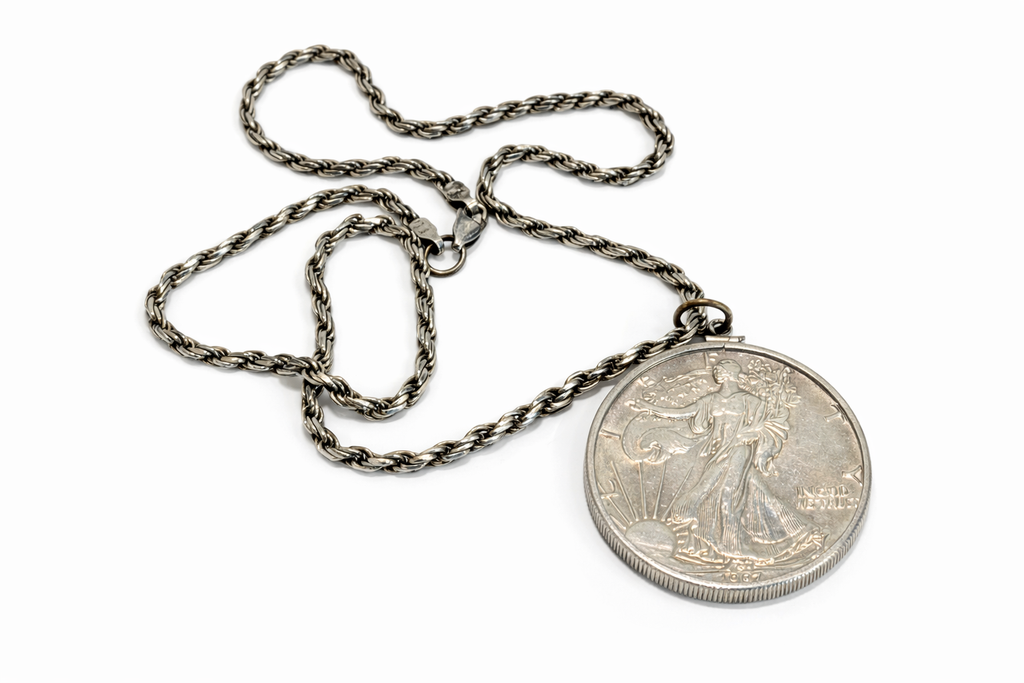 Vintage 1987 Walking Liberty Silver Dollar Coin Pendant Necklace 925 Italy Chain 55.2grams