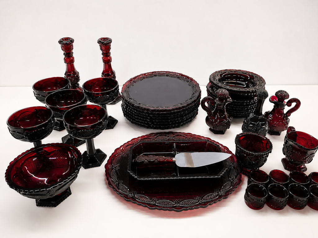 Vintage Ruby Red Avon Cape Cod Glass Dinnerware Serving Set 40 Piece Collection