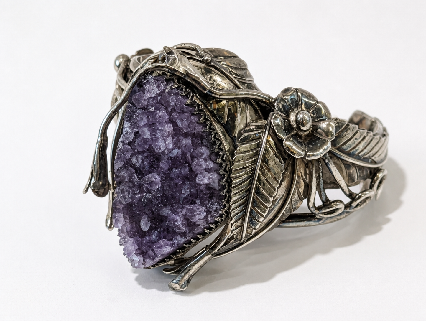 Vintage Sterling Silver Amethyst Druzy Cuff Bracelet Floral Leaf Design 84.7g