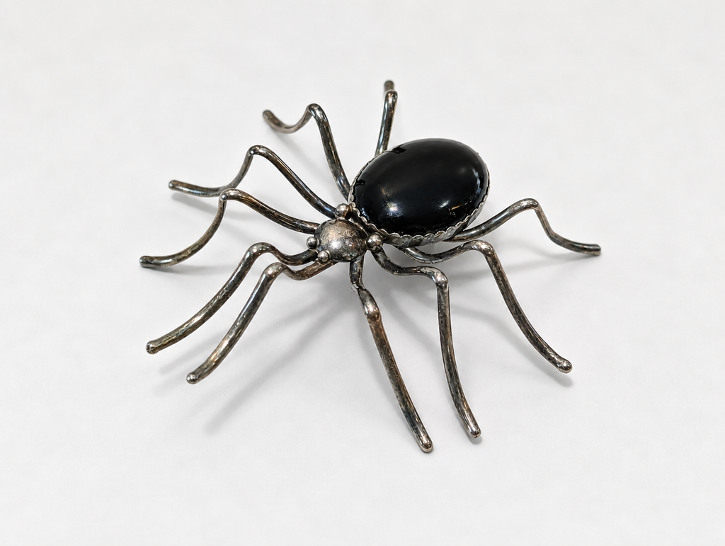 Vintage Navajo Sterling Silver Black Onyx Spider Brooch Pin E Spencer Signed