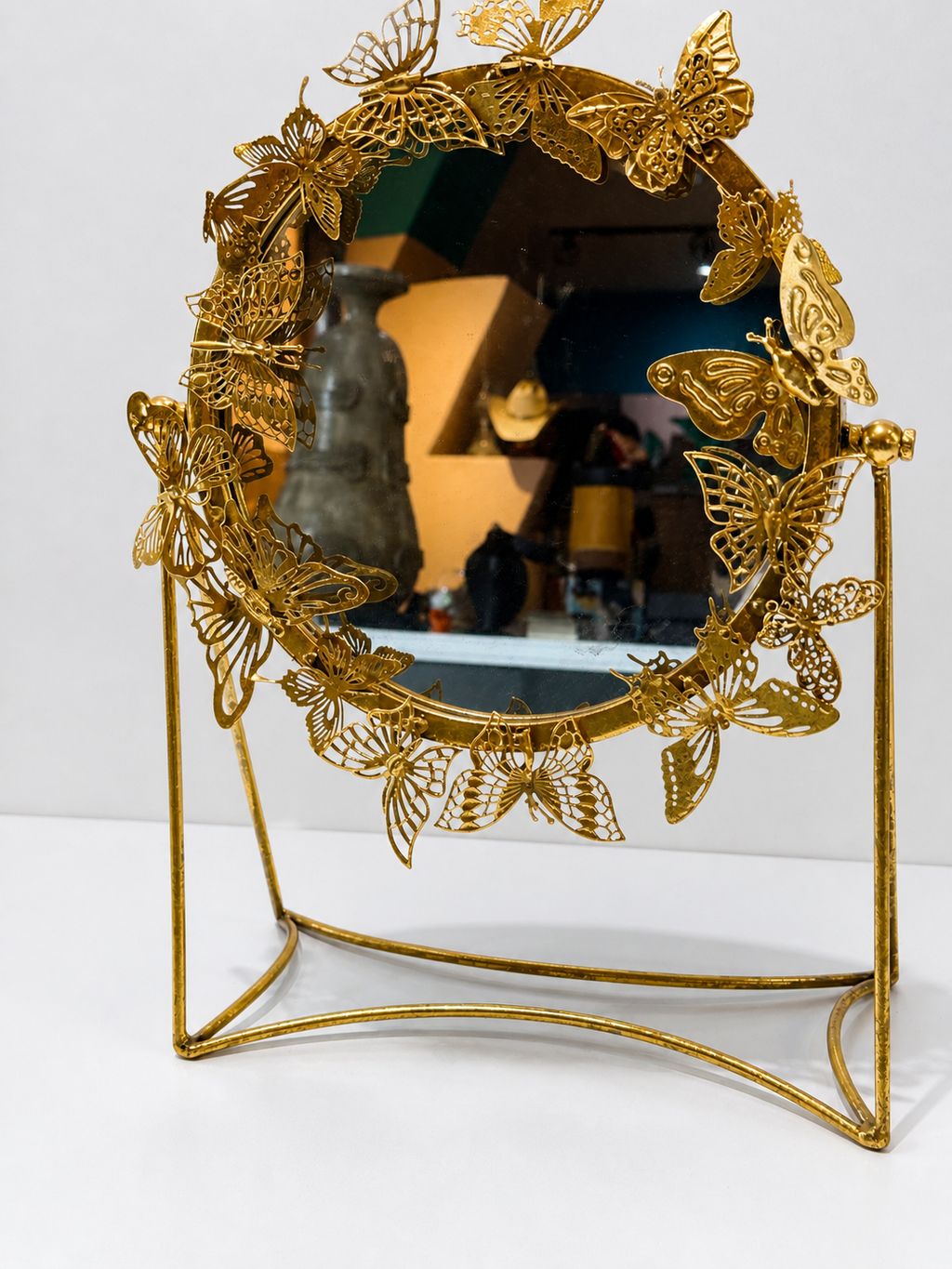 Gold Butterfly Vanity Mirror Decorative Tabletop Swivel Metal Frame Stand