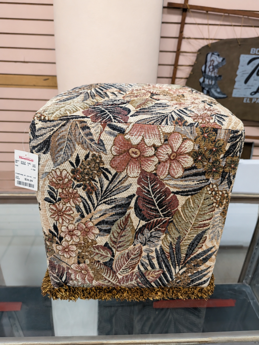 Set Of 3 Floral Upholstered Cube Ottomans Footstools Fringe Trim Decor