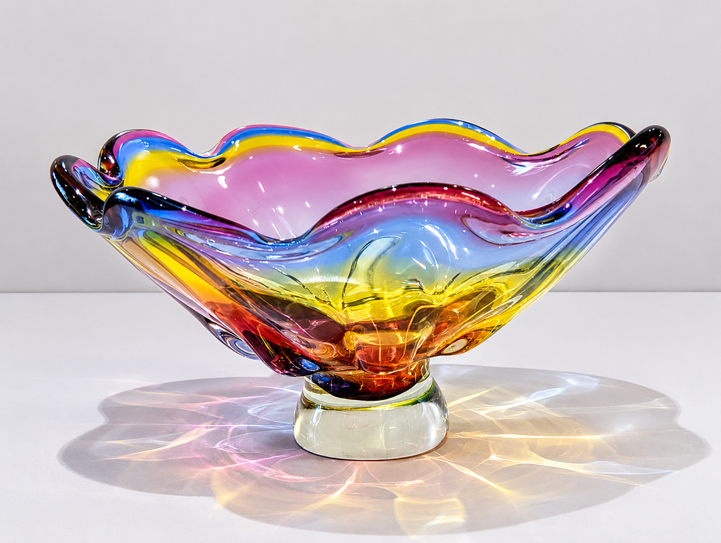 Vintage Murano Style Hand Blown Art Glass Centerpiece Bowl Rainbow Ruffle Edge