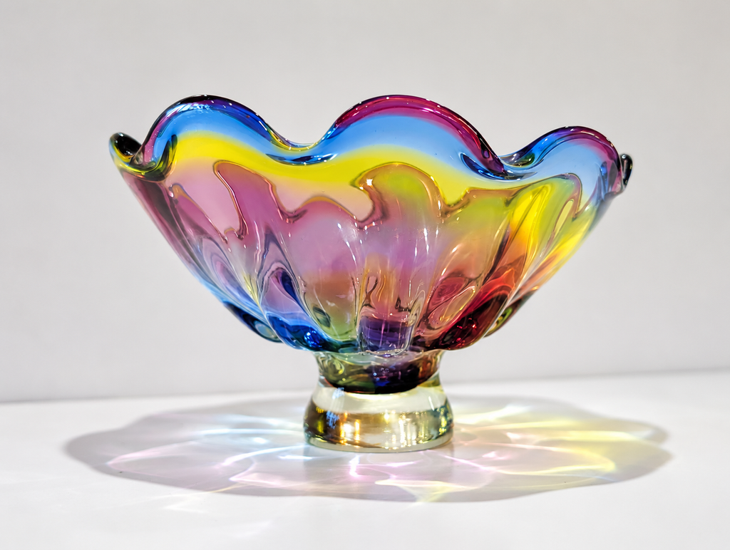 Vintage Murano Style Hand Blown Art Glass Centerpiece Bowl Rainbow Ruffle Edge