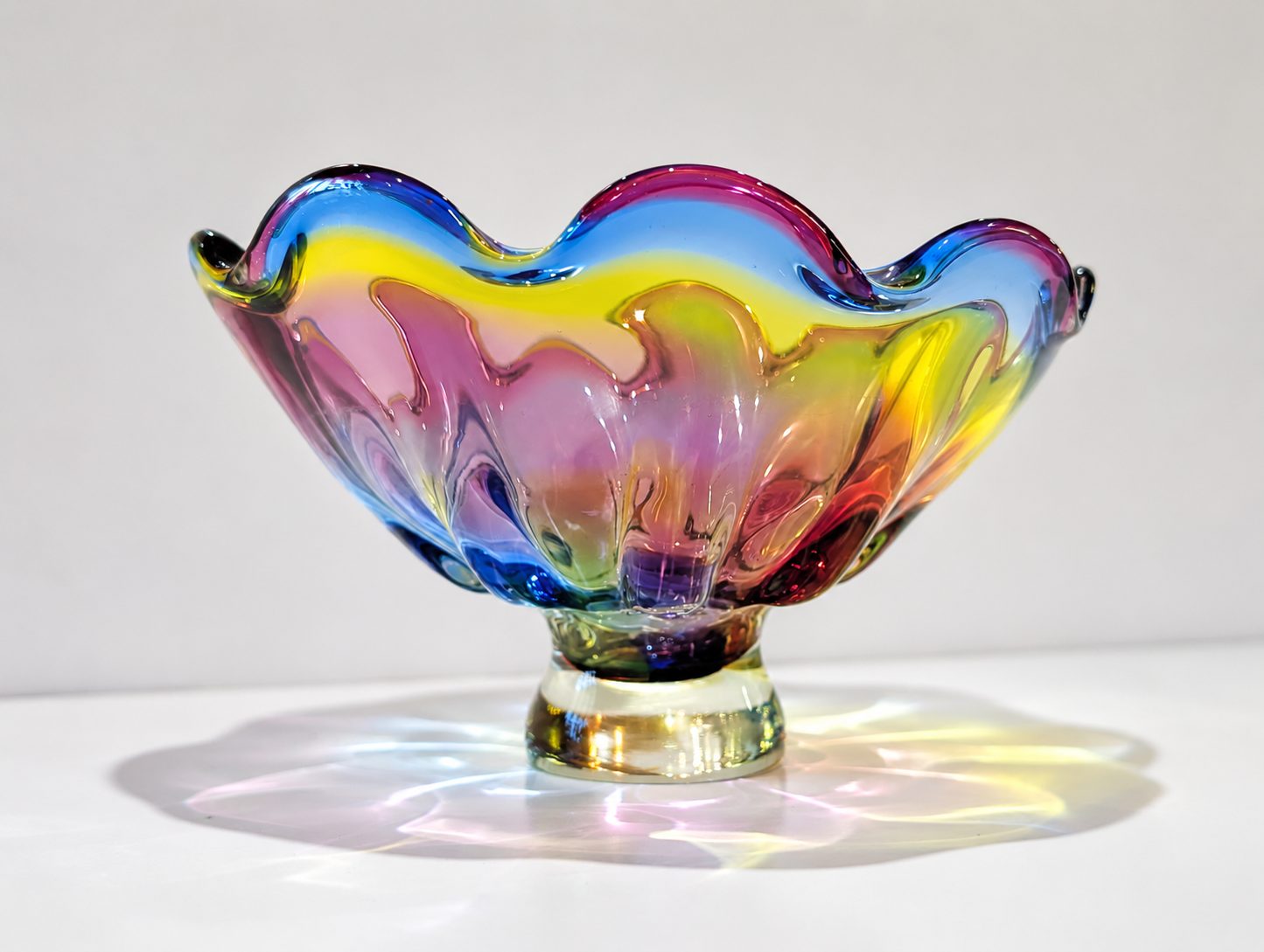 Vintage Murano Style Hand Blown Art Glass Centerpiece Bowl Rainbow Ruffle Edge