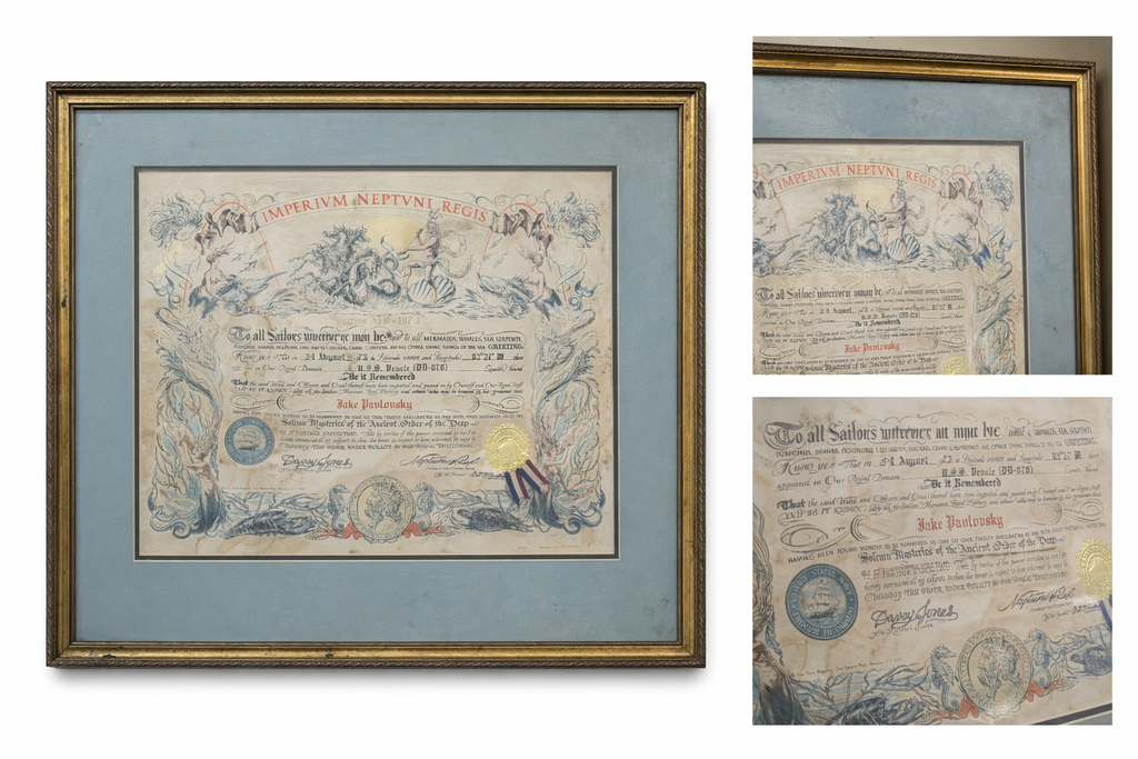 Vintage USS Vesole Shellback Certificate 1973 Framed Navy Order Of The Deep