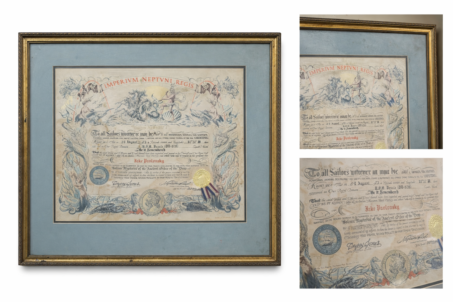 Vintage USS Vesole Shellback Certificate 1973 Framed Navy Order Of The Deep