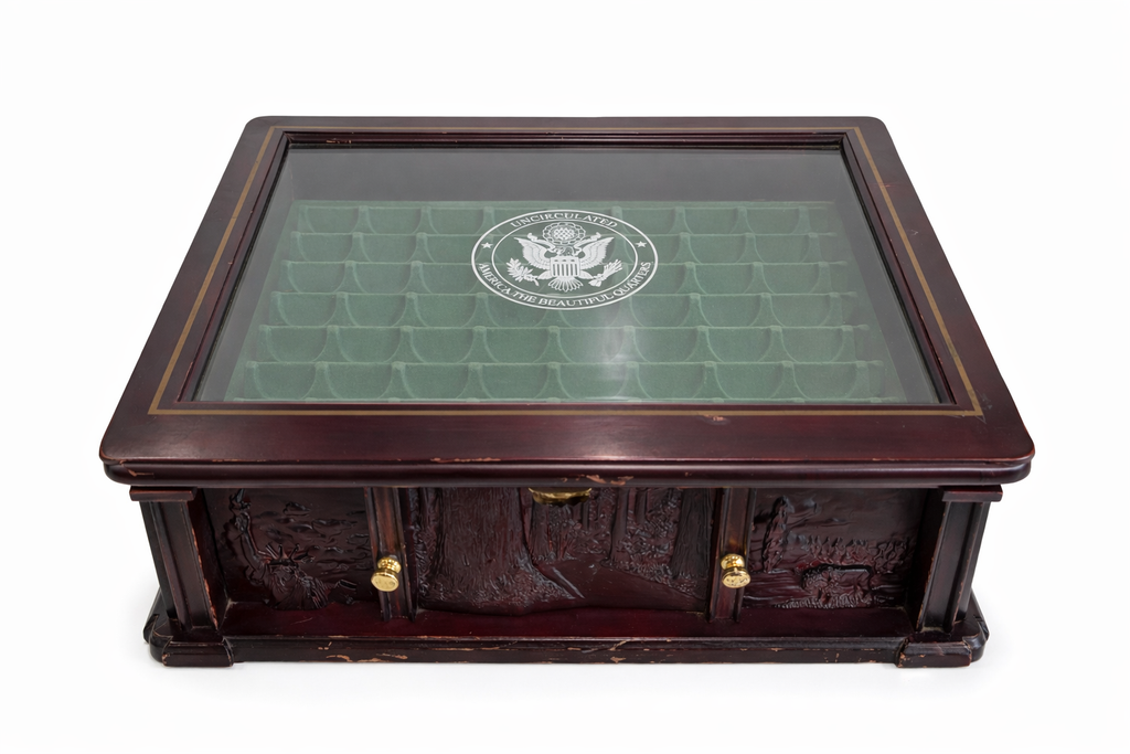 Danbury Mint State Quarter Display Case Wood Glass Top Coin Storage Box Drawer