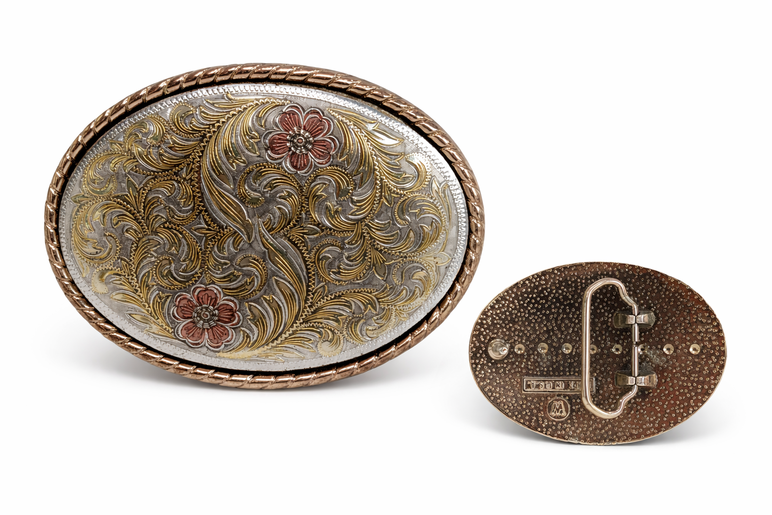 Western Style Gold & Silver Toned Floral Pattern Belt Buckle Blue Ribbon Award