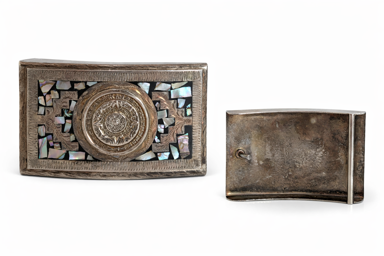 Vintage Aztec Calendar Abalone Shell Inlay Alpaca Mexico Handmade Belt Buckle