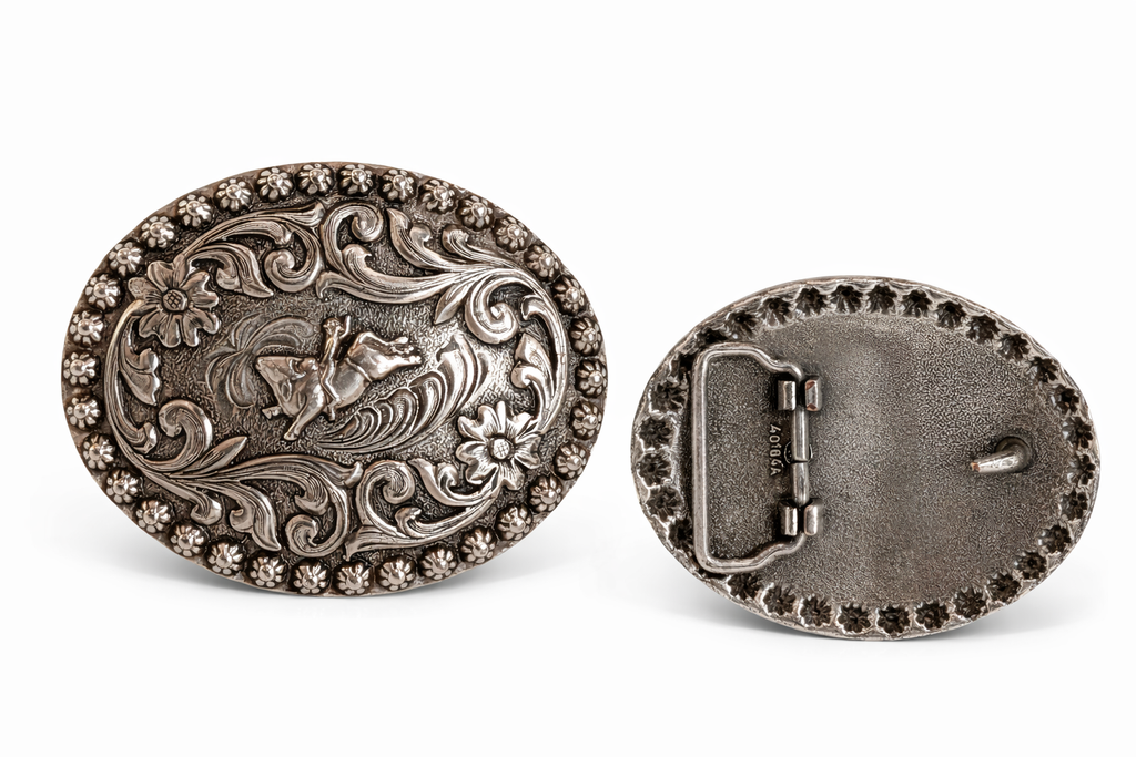 Vintage Western Cowboy Rodeo Horse Rider Belt Buckle Silver Tone Floral Engraved