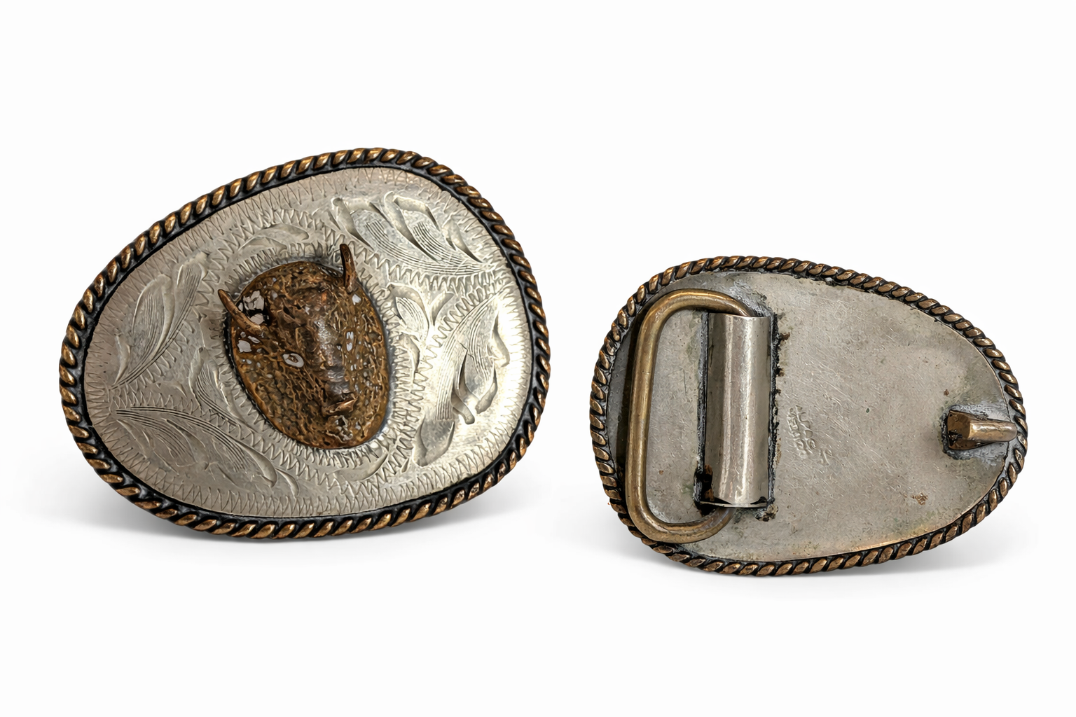 Vintage Western Buffalo Head Belt Buckle Engraved Silver Tone Rodeo Cowboy