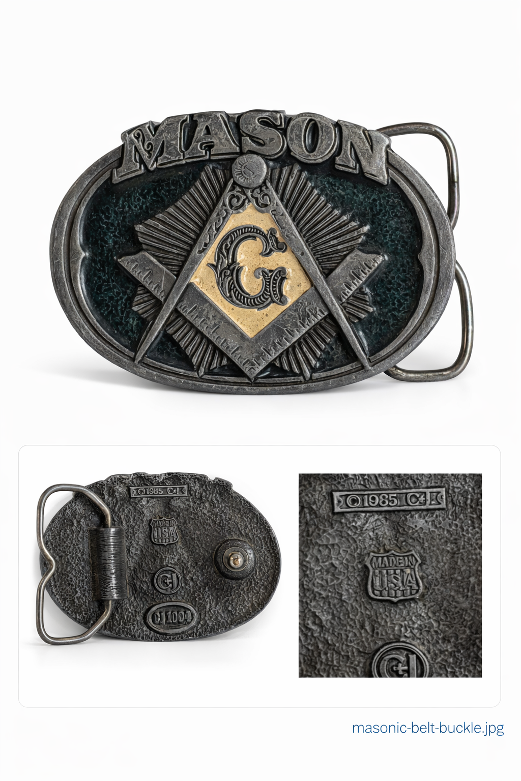 Vintage 1985 CJ Mason Masonic Belt Buckle Square Compass Lodge USA Metal