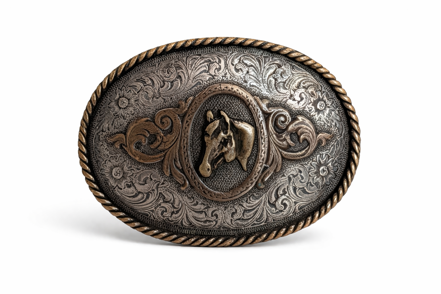 Vintage Western Horse Head Belt Buckle Engraved Scrollwork Two Tone Metal