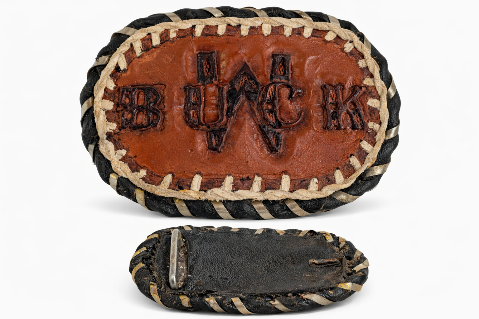 Vintage Hand Tooled Leather Western Belt Buckle Buck Initials Cowboy
