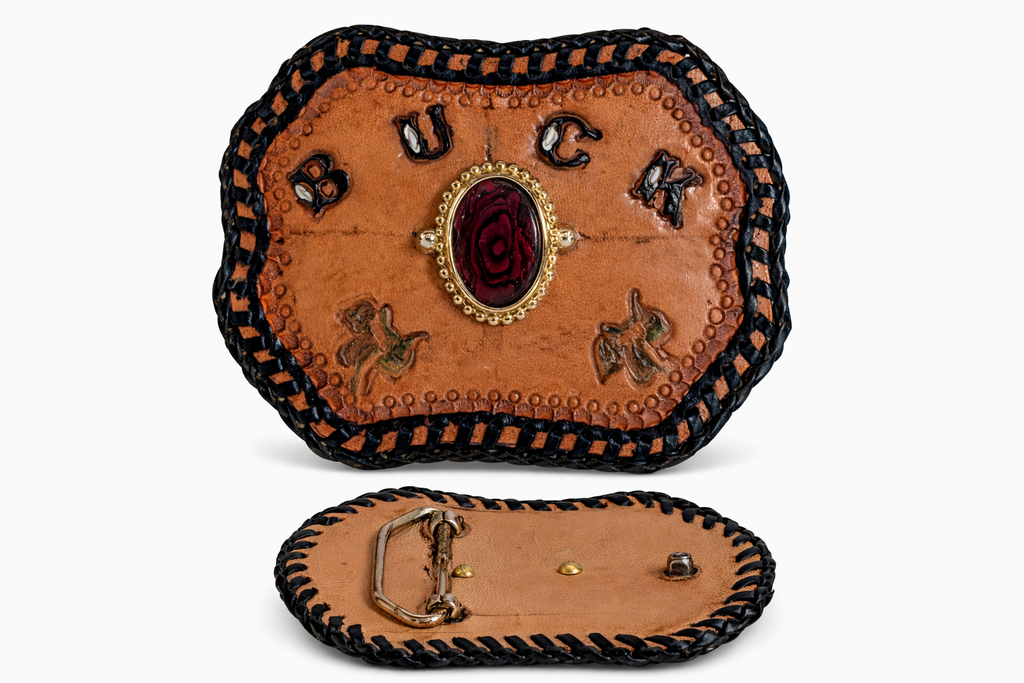 Vintage Hand Tooled Leather Western Belt Buckle Buck Red Stone Cowboy