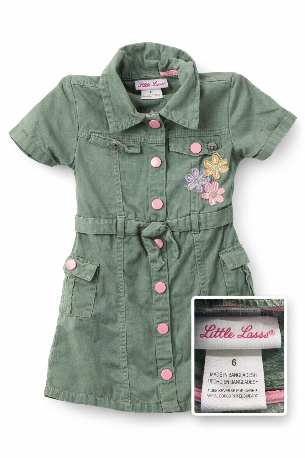 Little Lass Girls Dress Size 6 Green Button Front Floral Embroidered Outfit