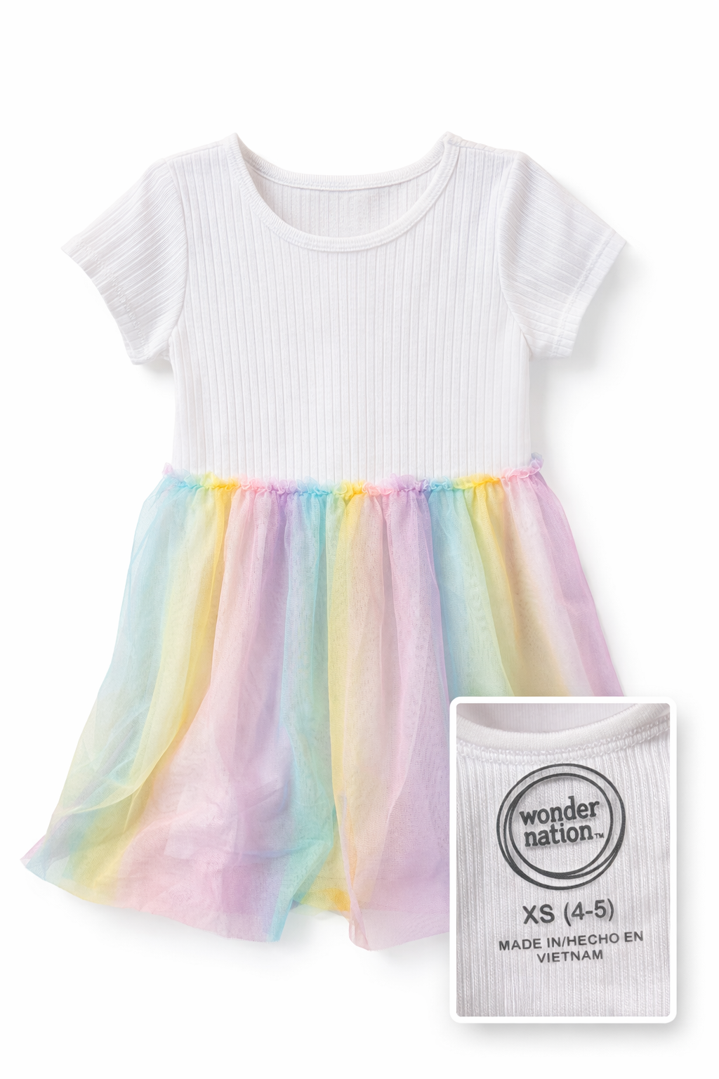 Wonder Nation Girls Dress XS 4-5 Rainbow Tulle Skirt White Top Cute Outfit