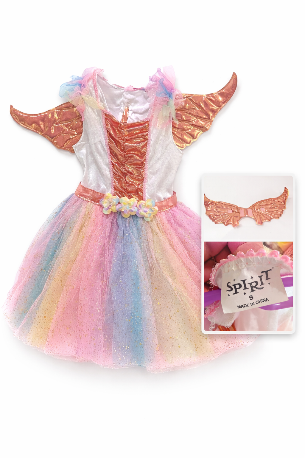 Spirit Halloween Girls Unicorn Costume Dress Small Rainbow Tulle Wings Outfit