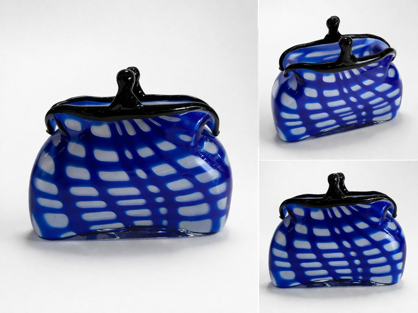 Vintage Murano Style Blue White Art Glass Handbag Purse Vase Black Handle Italy