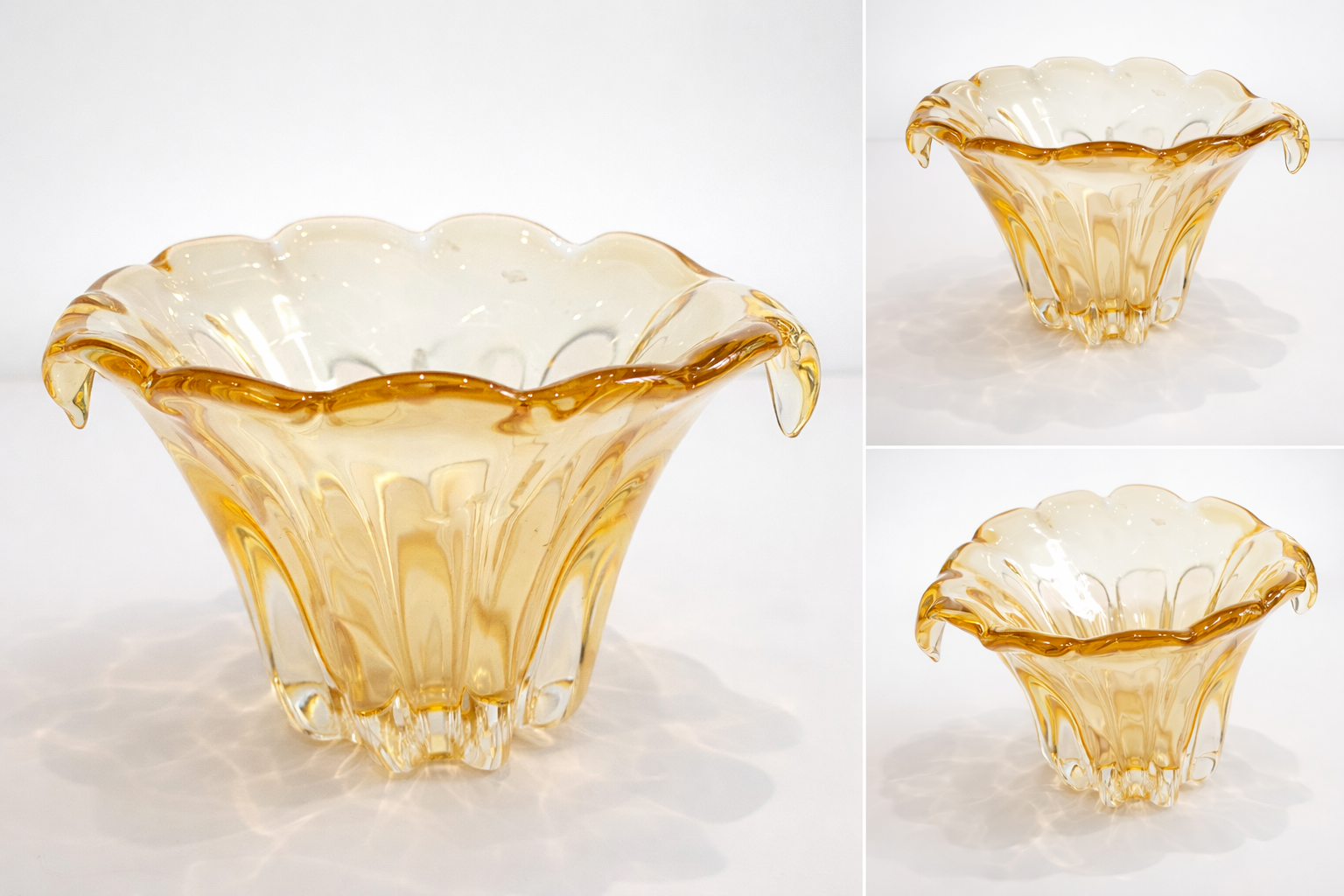 Vintage Amber Glass Ruffled Bowl Vase Scalloped Edge Decorative Centerpiece