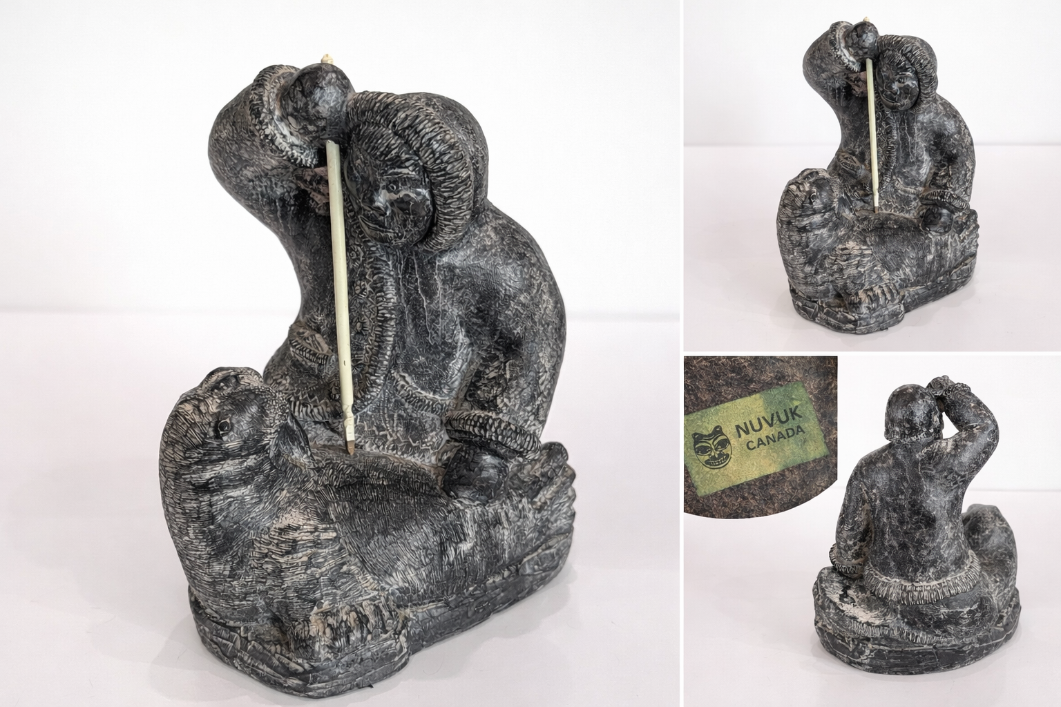 Vintage Nuvuk Canada Inuit Eskimo Sculpture Soapstone Style Seal Scene Figure