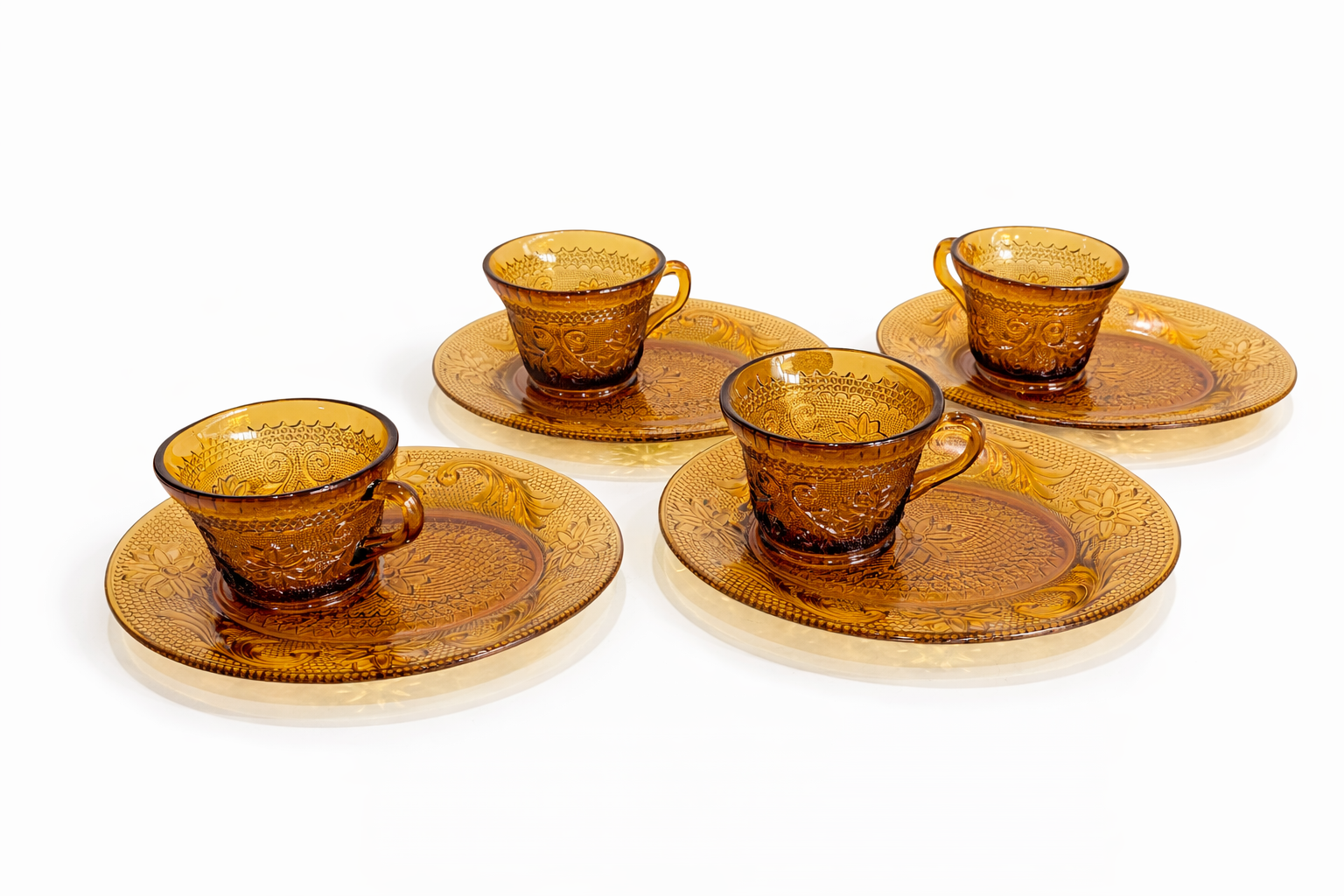 Vintage Tiara Exclusive Amber Glass Cup Saucer Snack Plate Set Floral Pressed
