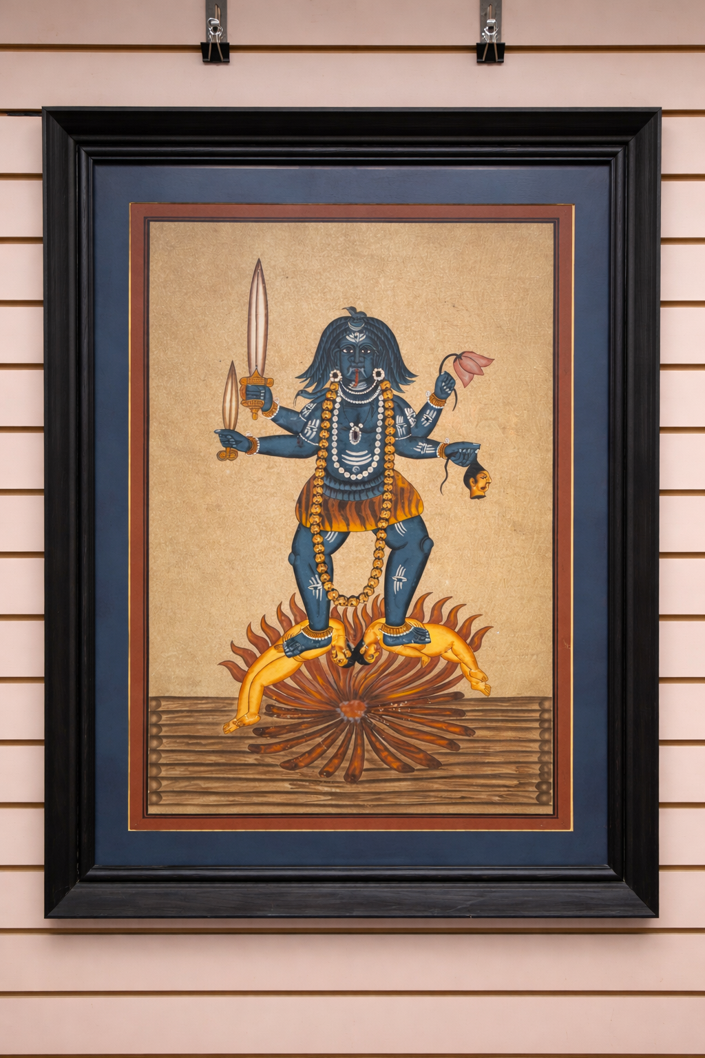 Vintage Hindu Goddess Kali Framed Painting Folk Art Religious Wall Decor Artwork