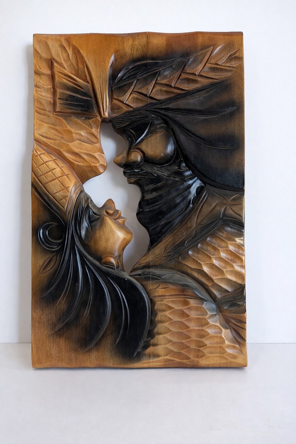 Hand Carved Wooden Wall Art Tribal Couple Relief Sculpture Decor Panel