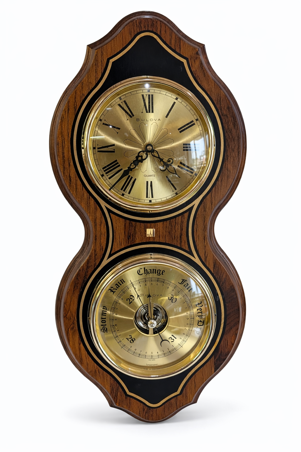 Vintage Bulova Quartz Wall Clock Barometer Thermometer Wood Weather Station