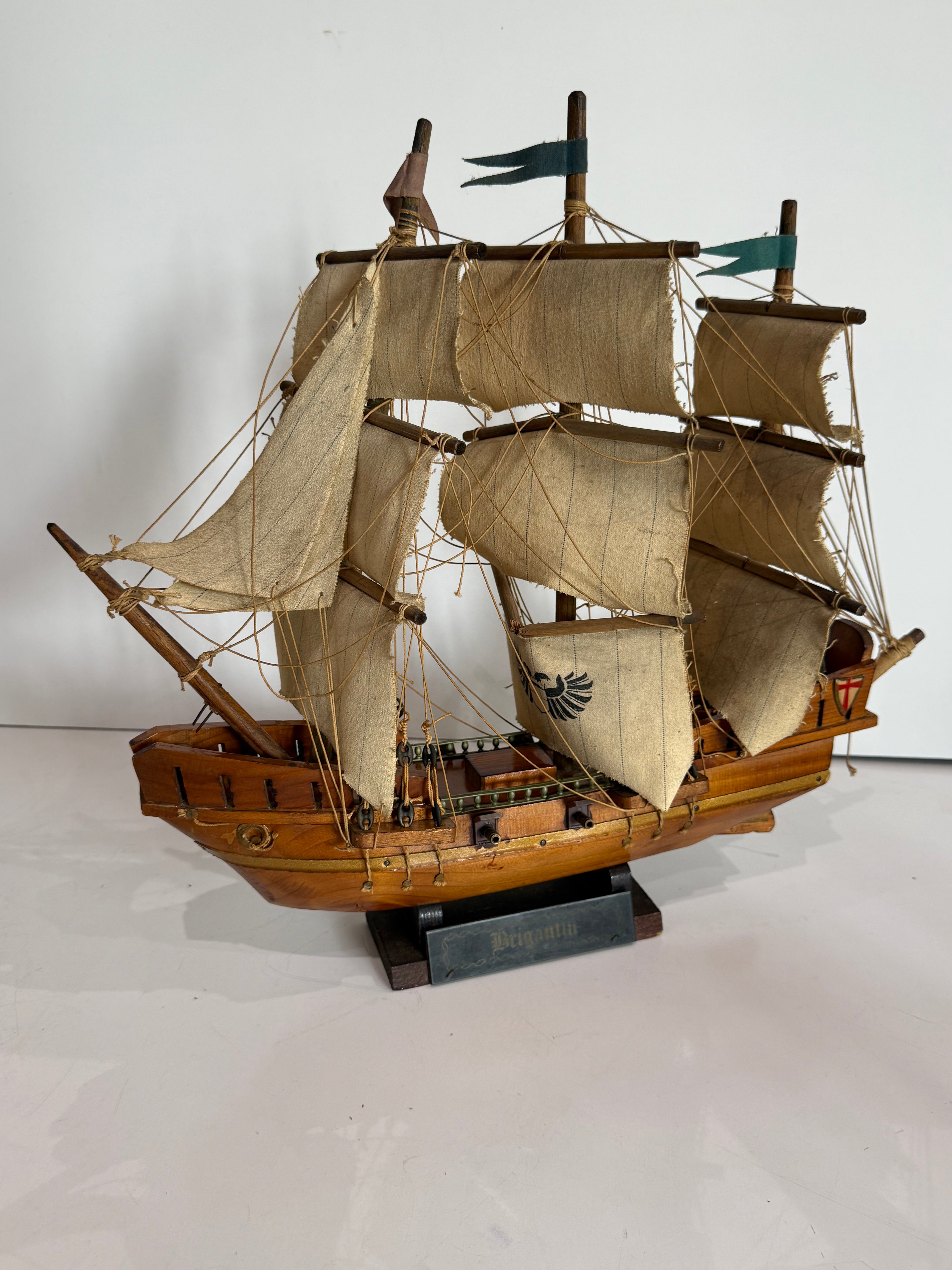 Vintage Wooden Brigantine Tall Ship Model Handmade Sailing Ship Nautical Decor